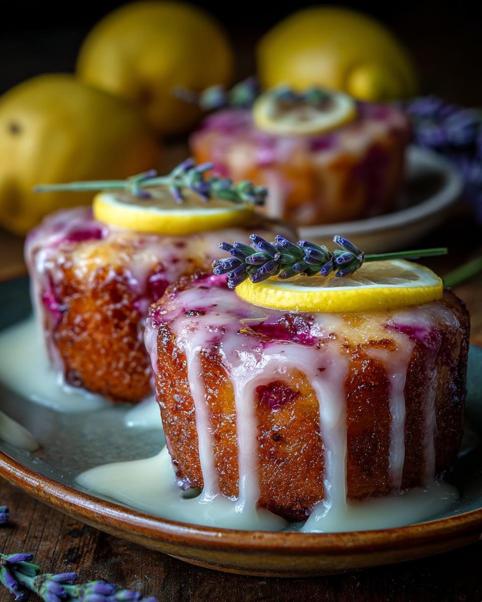 Close-up of two mini lemon cakes with lavender glaze, topped with lemon slices and lavender sprigs.