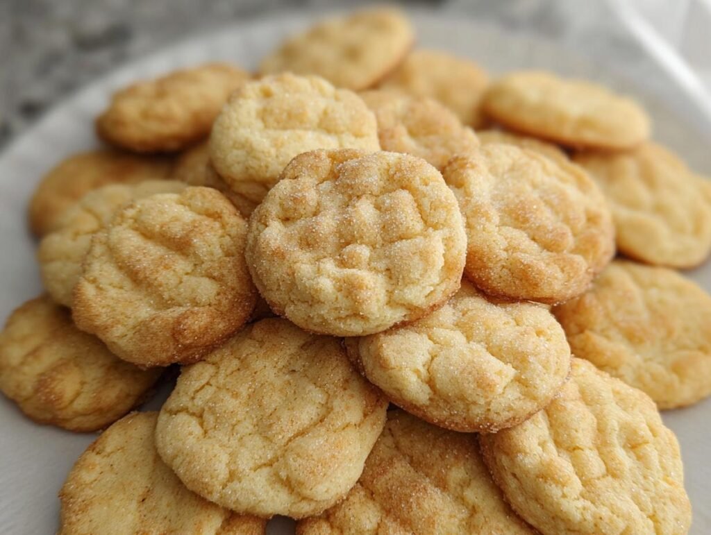 A close-up pile of golden brown mini sugar cookies, dusted with sparkling sugar.