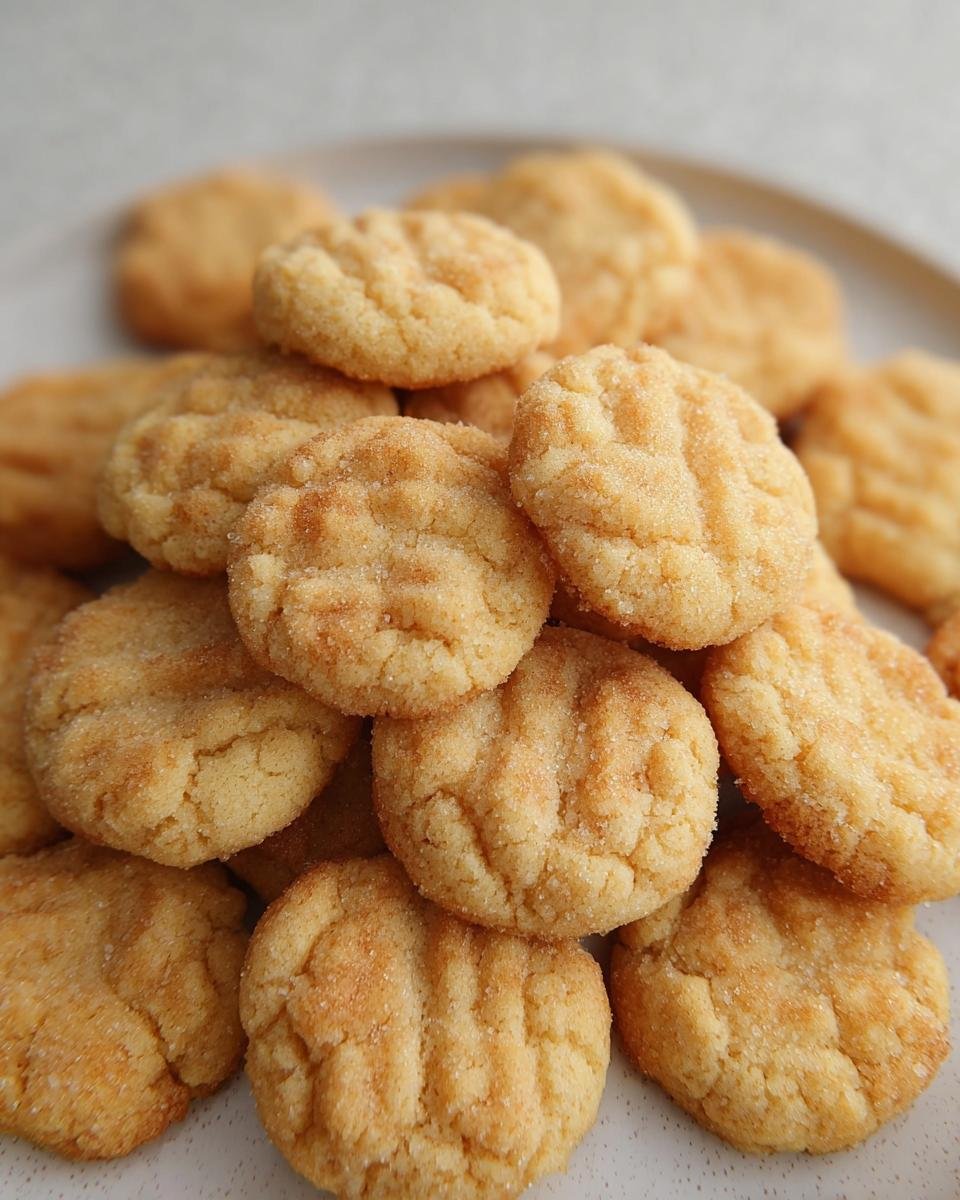 A close-up pile of golden brown mini sugar cookies, lightly coated in sugar.