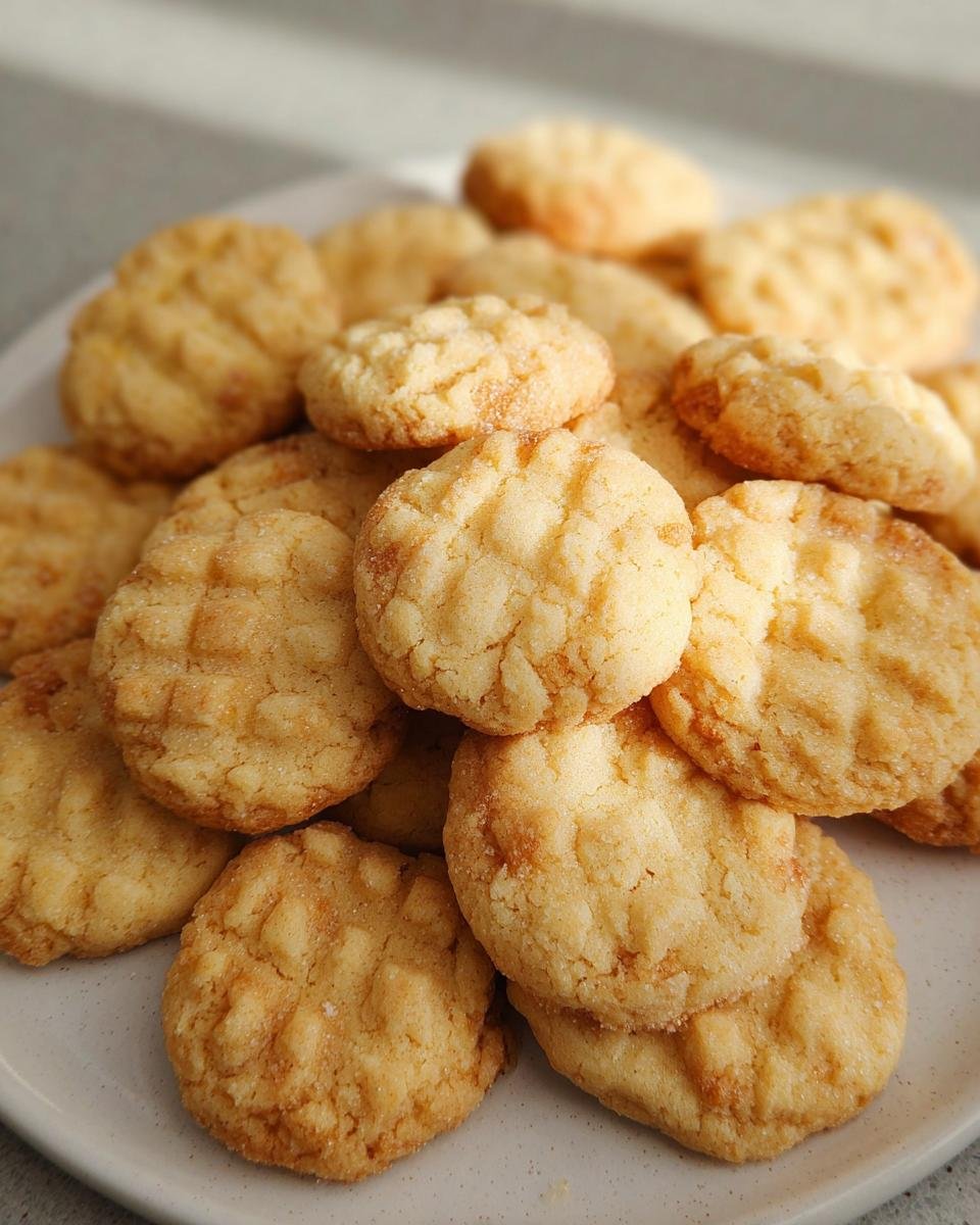 A close-up shot of a pile of golden-brown mini sugar cookies with a textured surface.