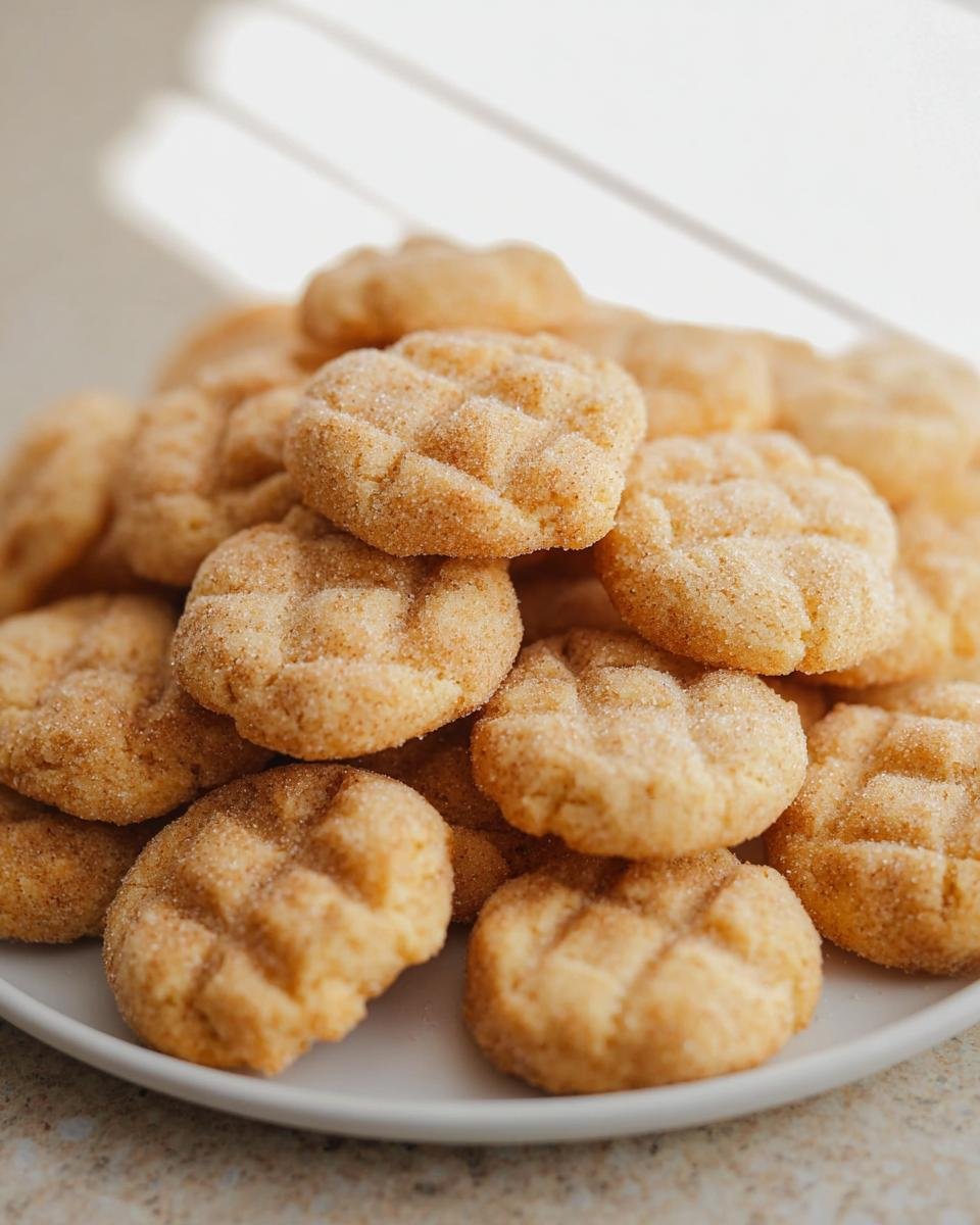 A close-up of a pile of golden-brown mini sugar cookies, dusted with sugar and cinnamon, with a distinctive criss-cross pattern on top.