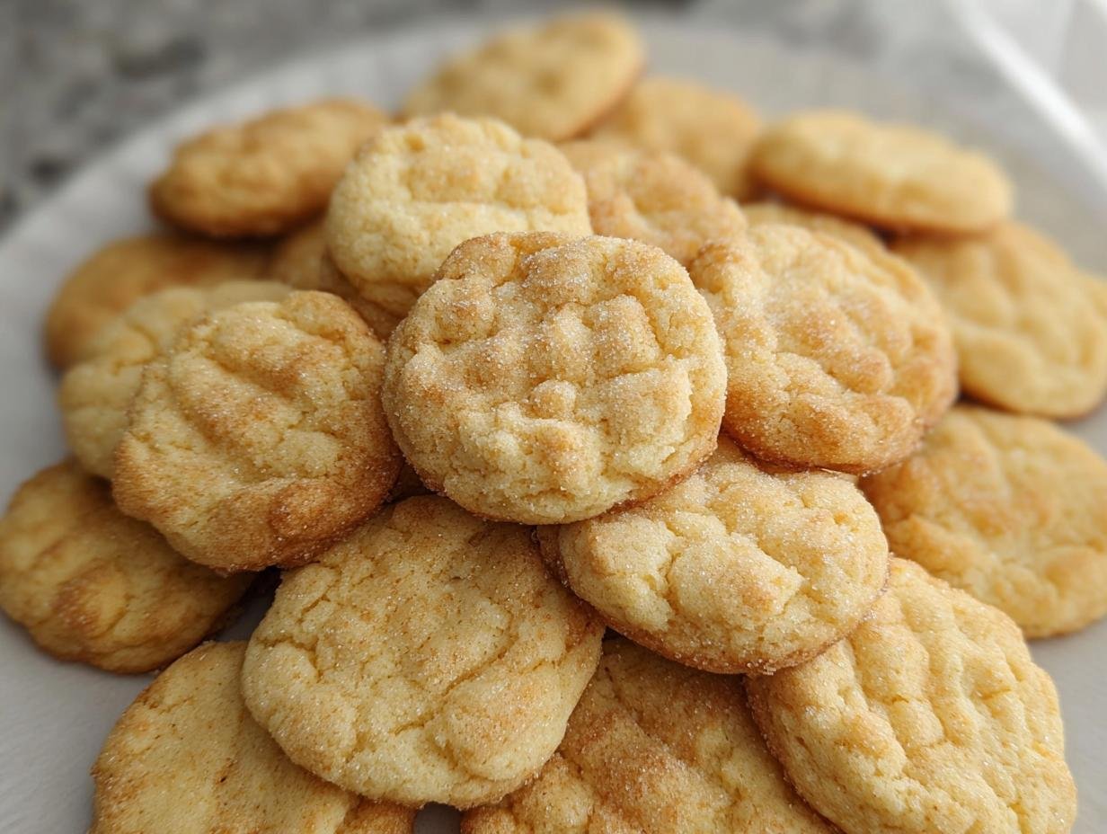 A close-up pile of golden brown mini sugar cookies, dusted with sparkling sugar.