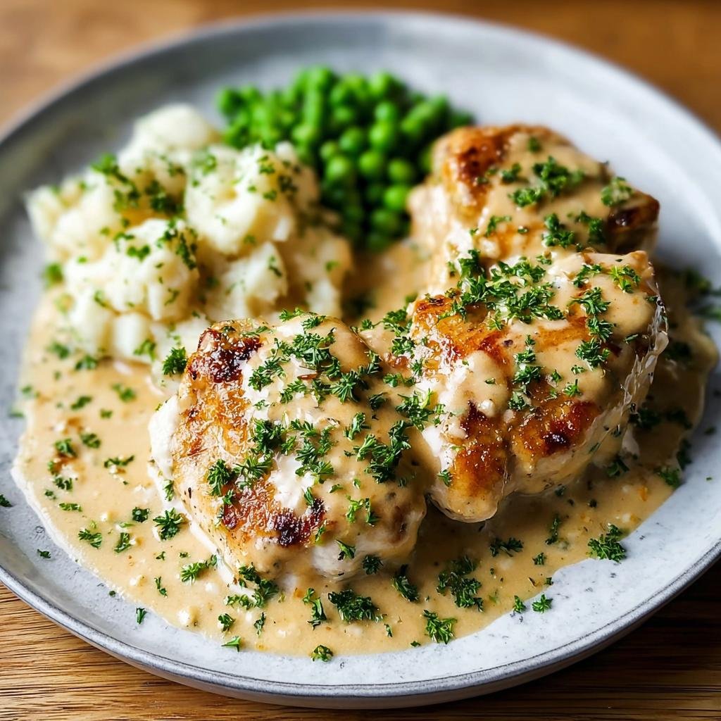 Close-up of Mouthwatering Boursin Chicken pieces in a creamy sauce, served with mashed potatoes and peas.