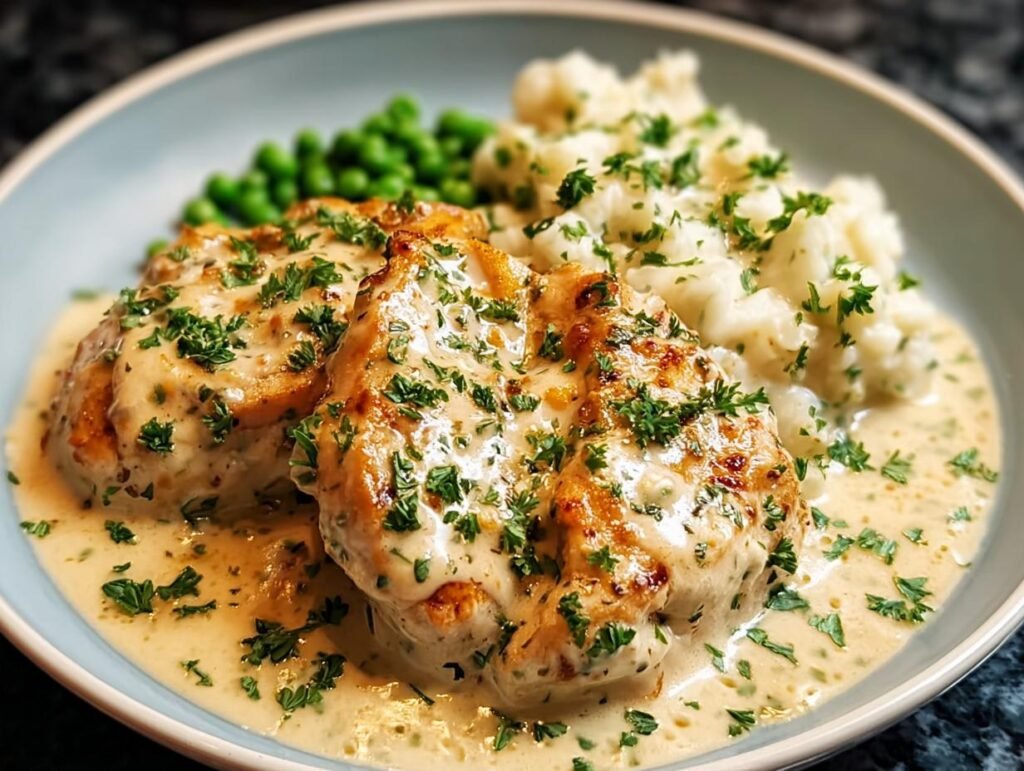 Close-up of Mouthwatering Boursin Chicken breasts smothered in creamy sauce and garnished with parsley, served with mashed potatoes and peas.