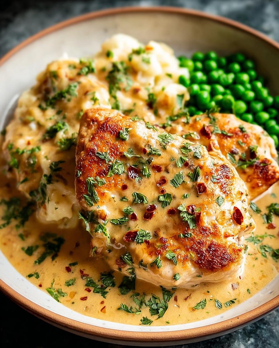 Close-up of Mouthwatering Boursin Chicken breasts in a creamy sauce, served with mashed potatoes and peas.