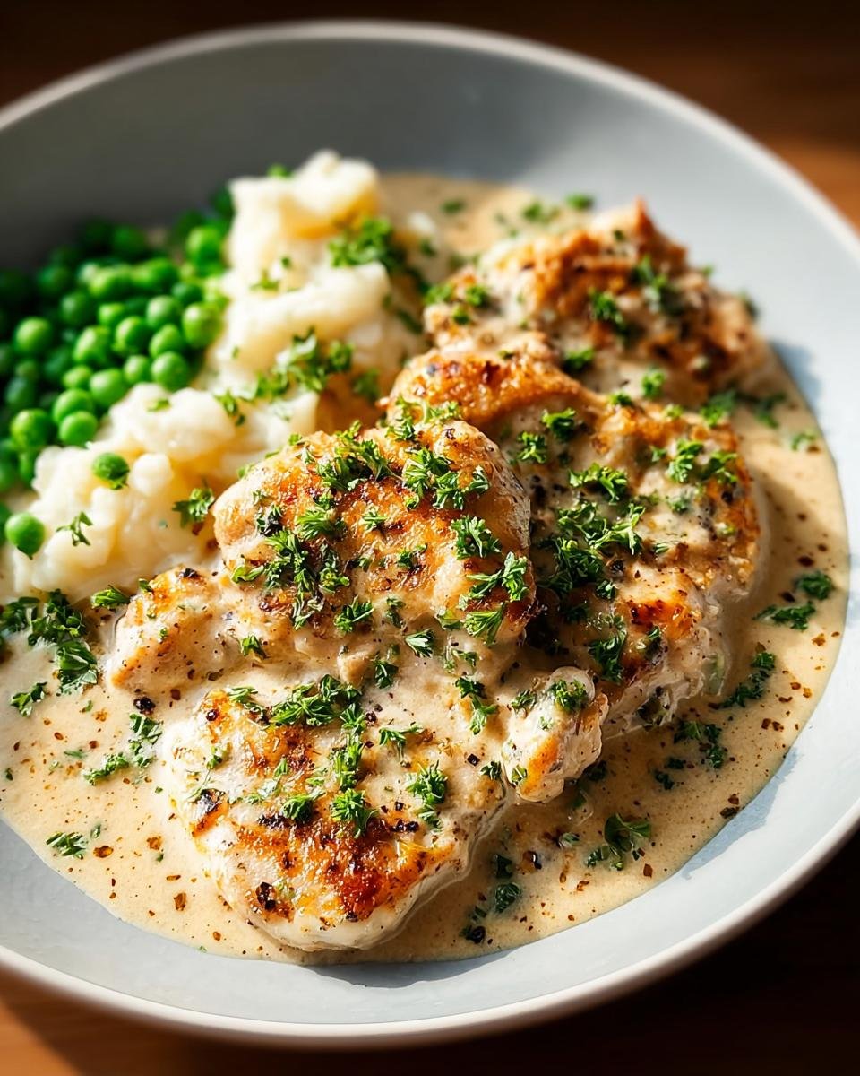 A close-up of Mouthwatering Boursin Chicken breasts in a creamy sauce, served with mashed potatoes and green peas, garnished with parsley.