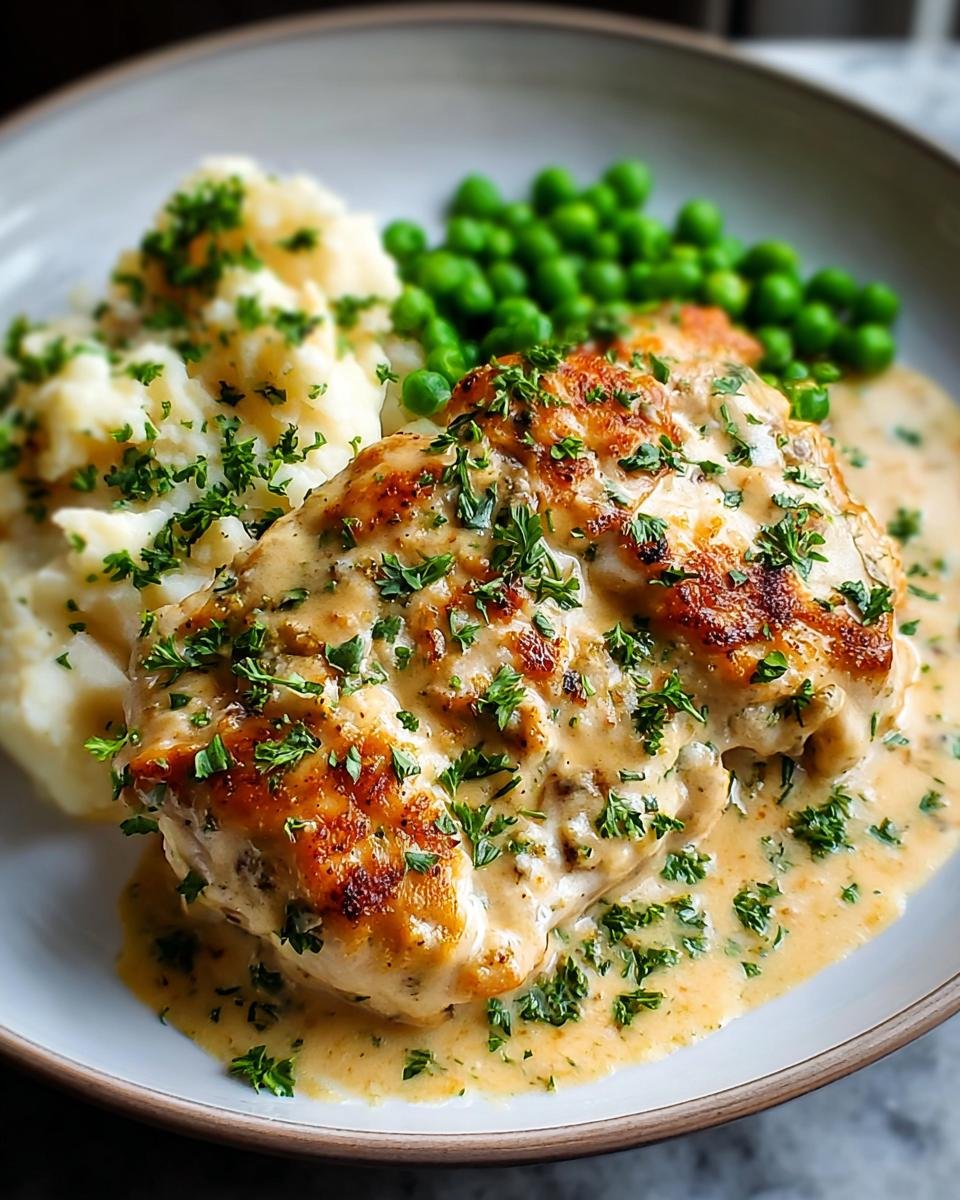 A close-up of Mouthwatering Boursin Chicken smothered in creamy sauce, served with mashed potatoes and peas.
