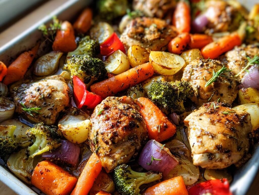 A close-up of a sheet pan filled with juicy chicken pieces, roasted carrots, broccoli, red peppers, and onions seasoned with herbs.
