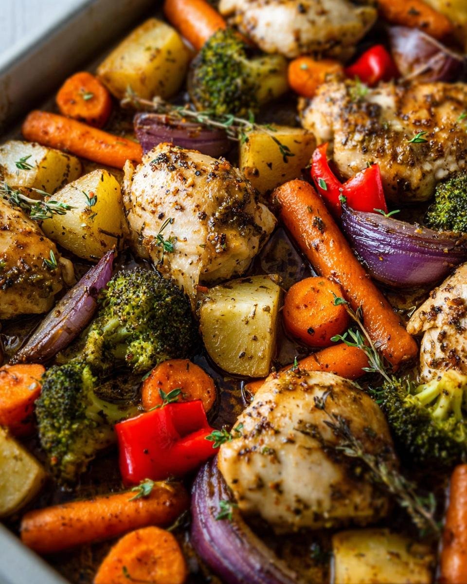 A close-up shot of a delicious one-pan chicken and vegetables dish, featuring roasted chicken pieces, potatoes, carrots, broccoli, red onion, and red bell pepper.