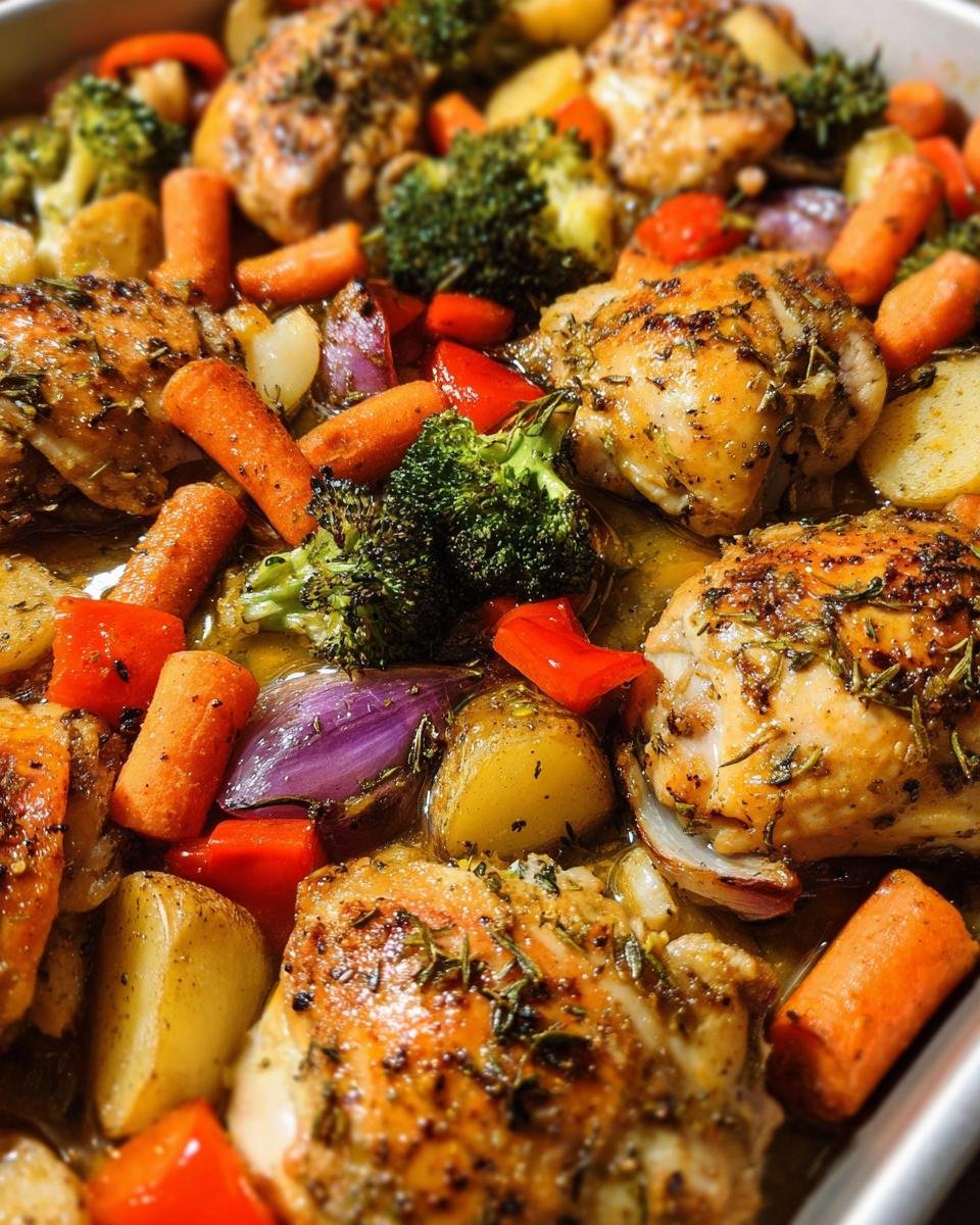 A close-up view of a sheet pan filled with golden-brown chicken pieces, roasted potatoes, carrots, broccoli, red onion, and red bell peppers.
