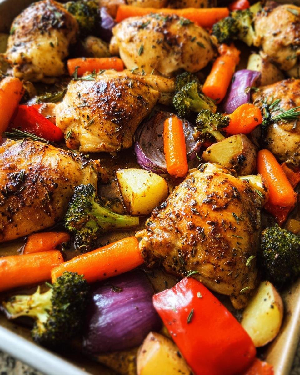 Close-up of a sheet pan filled with golden-brown chicken thighs and colorful roasted vegetables including carrots, broccoli, red onion, and bell peppers.