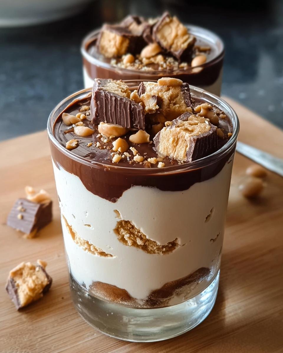 A close-up of a Peanut Butter Cup Cottage Cheese Mousse in a glass, topped with chocolate ganache and peanut butter cup pieces.