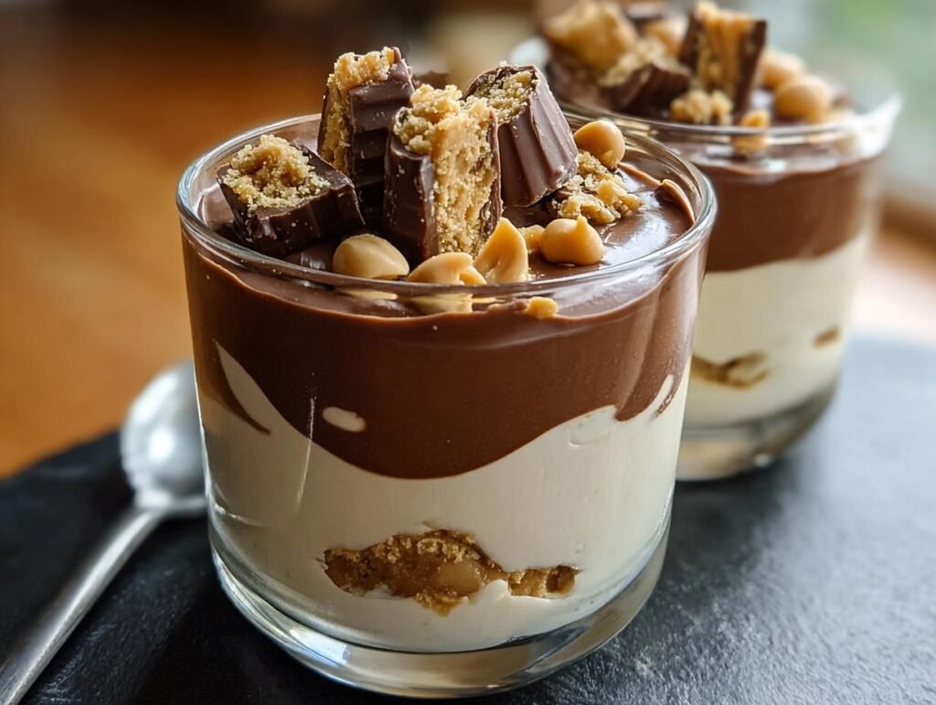 A decadent Peanut Butter Cup Cottage Cheese Mousse layered in a glass, topped with chocolate, peanut butter cups, and peanuts.