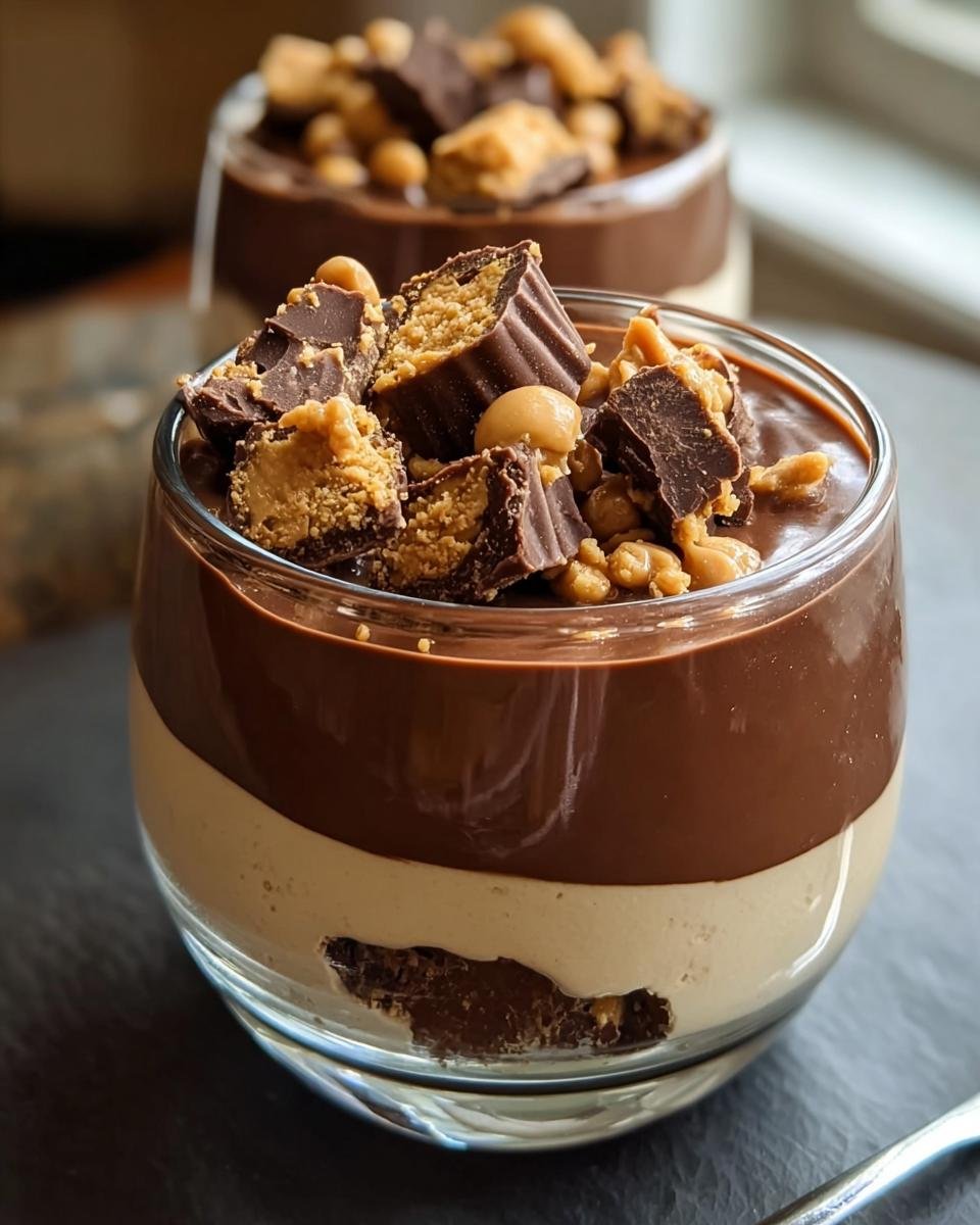 A decadent Peanut Butter Cup Cottage Cheese Mousse layered in a glass, topped with chocolate and peanut butter cup pieces.