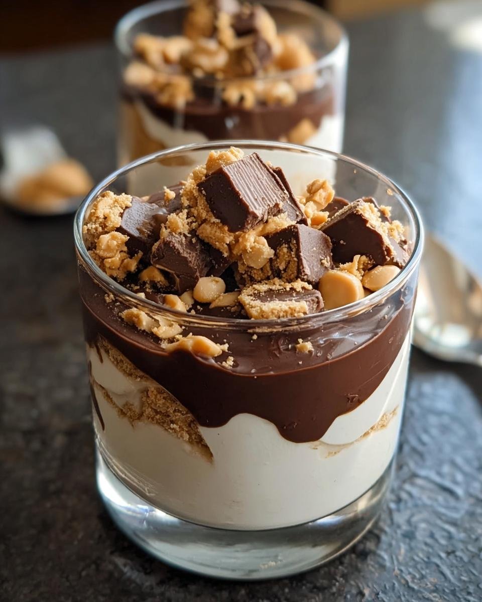 Close-up of a delicious Peanut Butter Cup Cottage Cheese Mousse layered in a glass, topped with chocolate and crushed peanuts.
