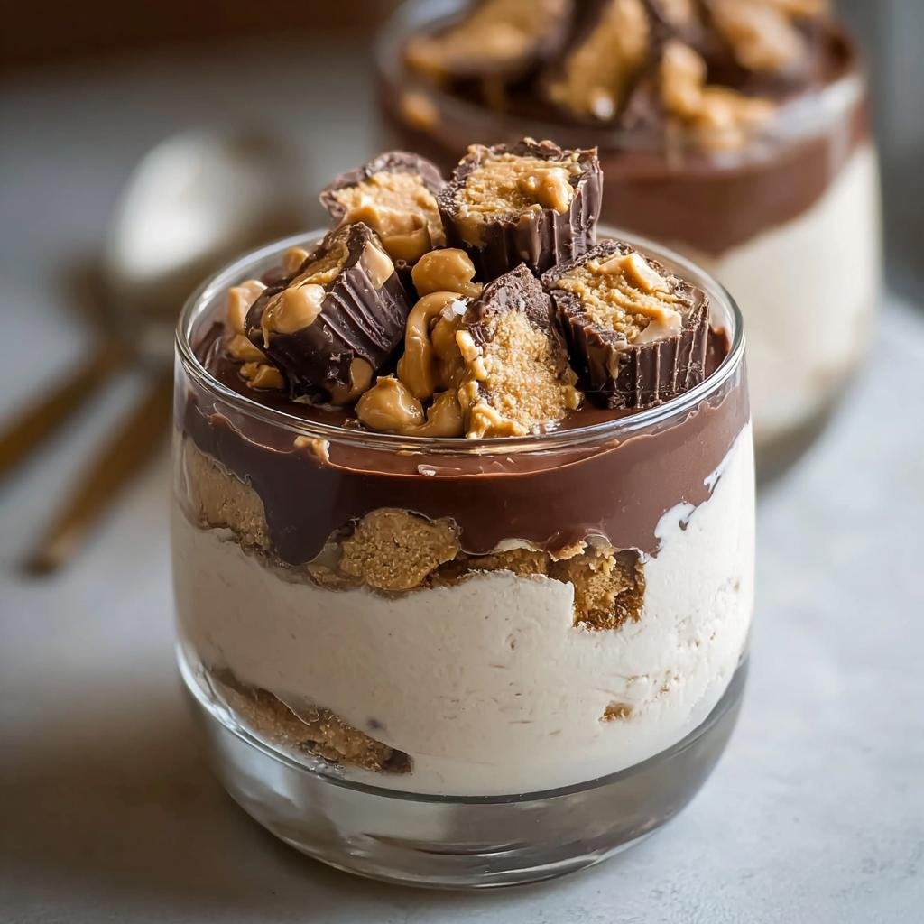 A decadent Peanut Butter Cup Cottage Cheese Mousse layered in a glass, topped with chocolate and peanut butter cups.