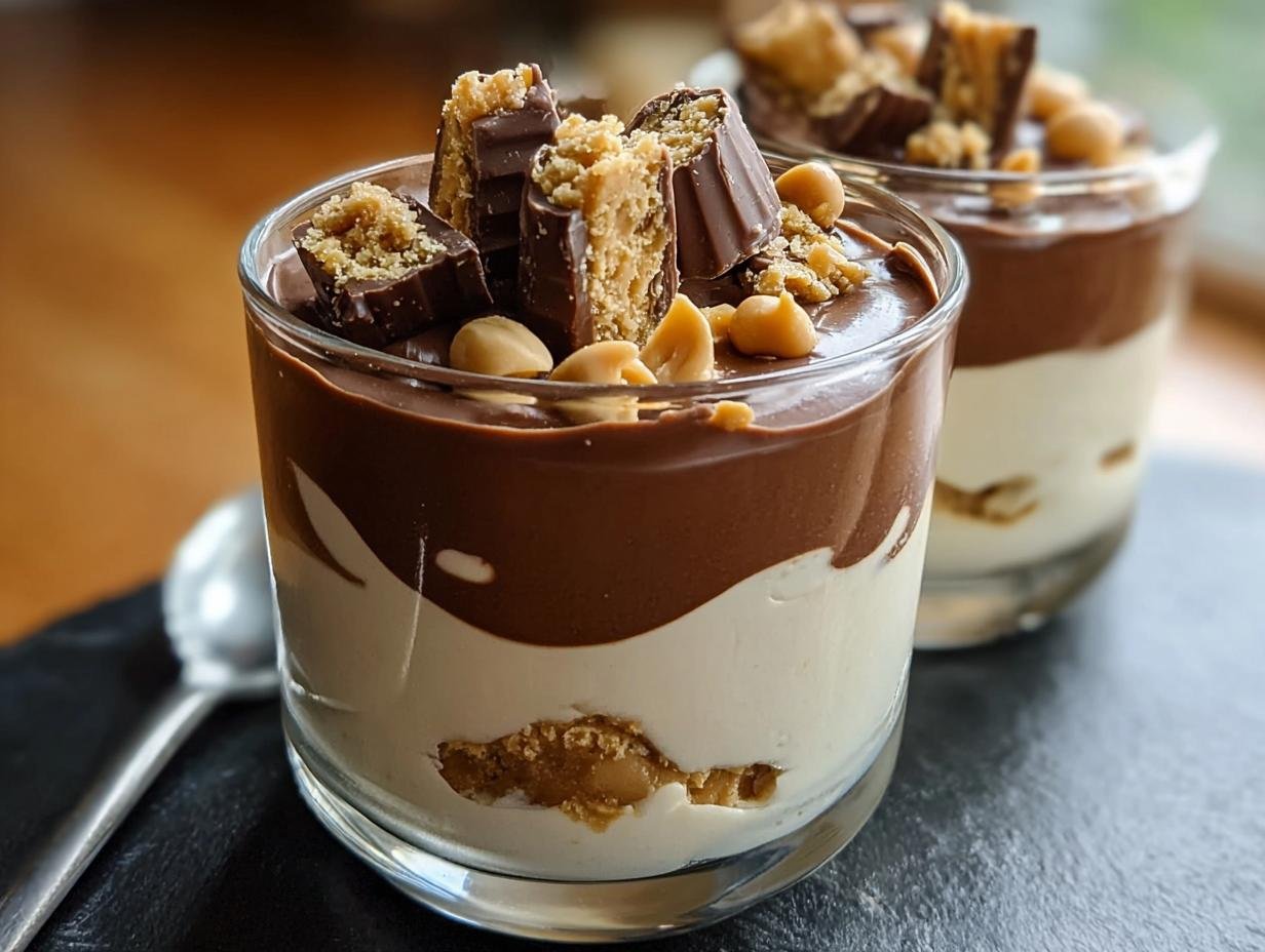 A decadent Peanut Butter Cup Cottage Cheese Mousse layered in a glass, topped with chocolate, peanut butter cups, and peanuts.
