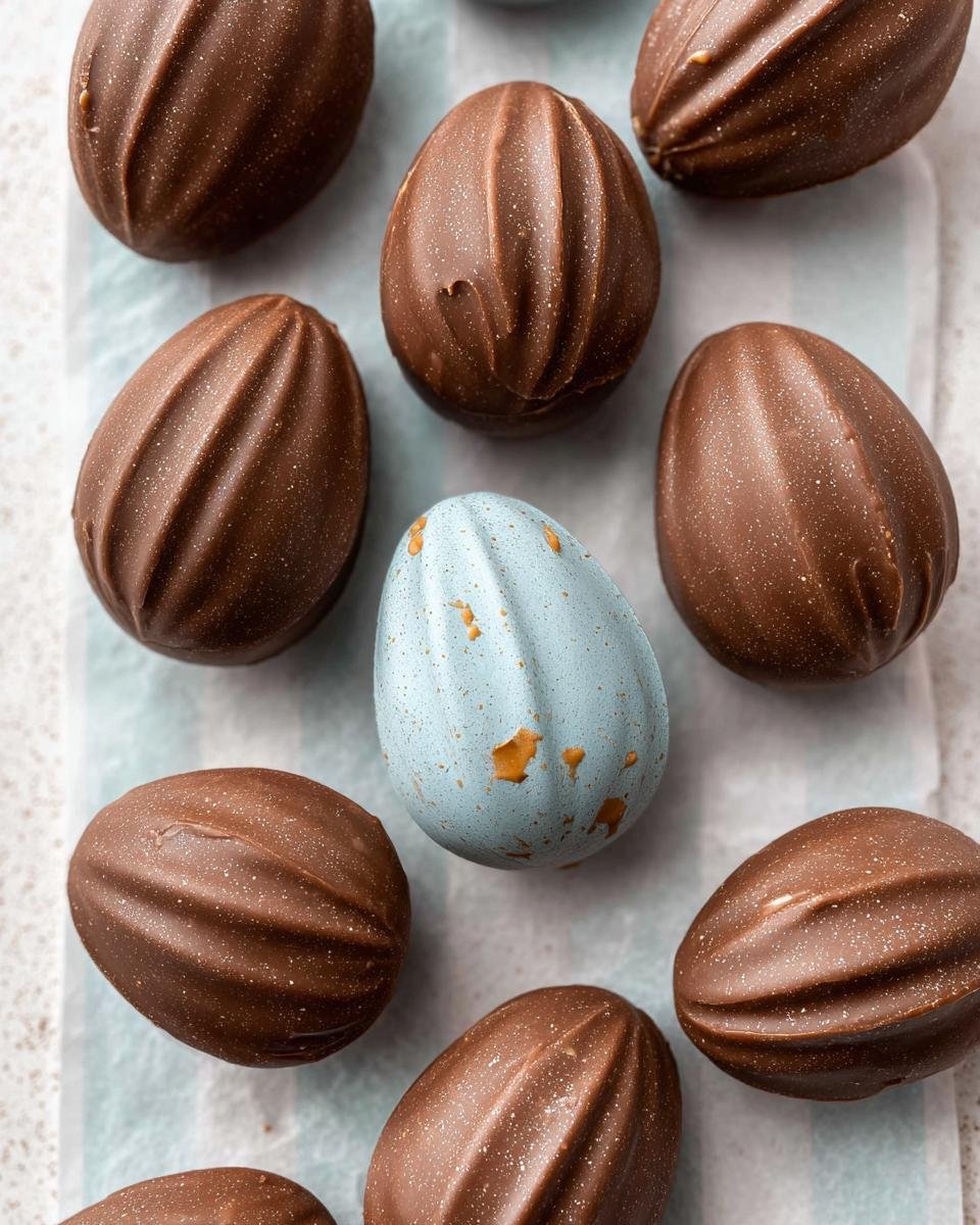 A collection of chocolate Peanut Butter Easter Eggs, with one unique blue speckled egg in the center.