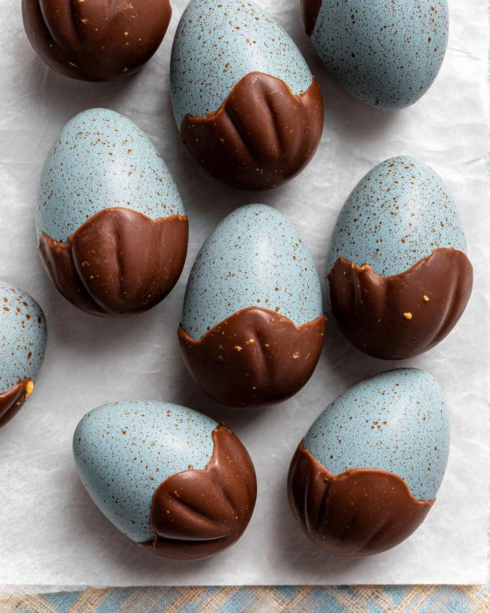 A close-up overhead view of several light blue speckled Peanut Butter Easter Eggs dipped in chocolate.