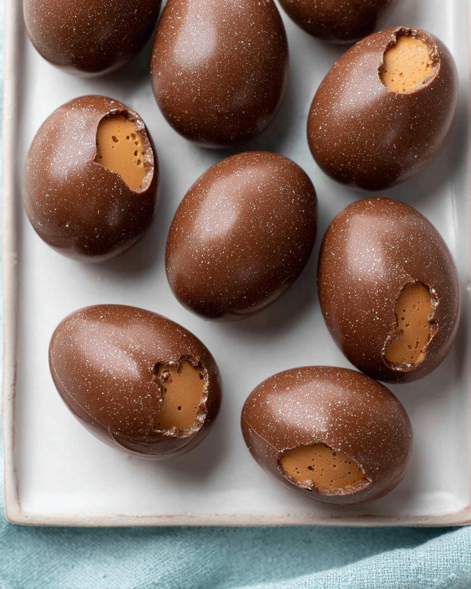 A plate of homemade Peanut Butter Easter Eggs, some with a bite taken out to reveal the creamy peanut butter filling.