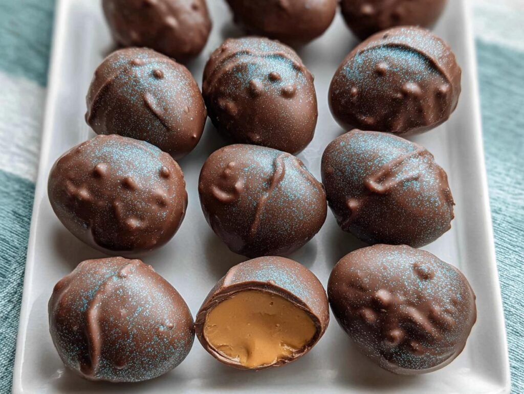 A close-up of homemade Peanut Butter Easter Eggs covered in chocolate and dusted with blue edible glitter.