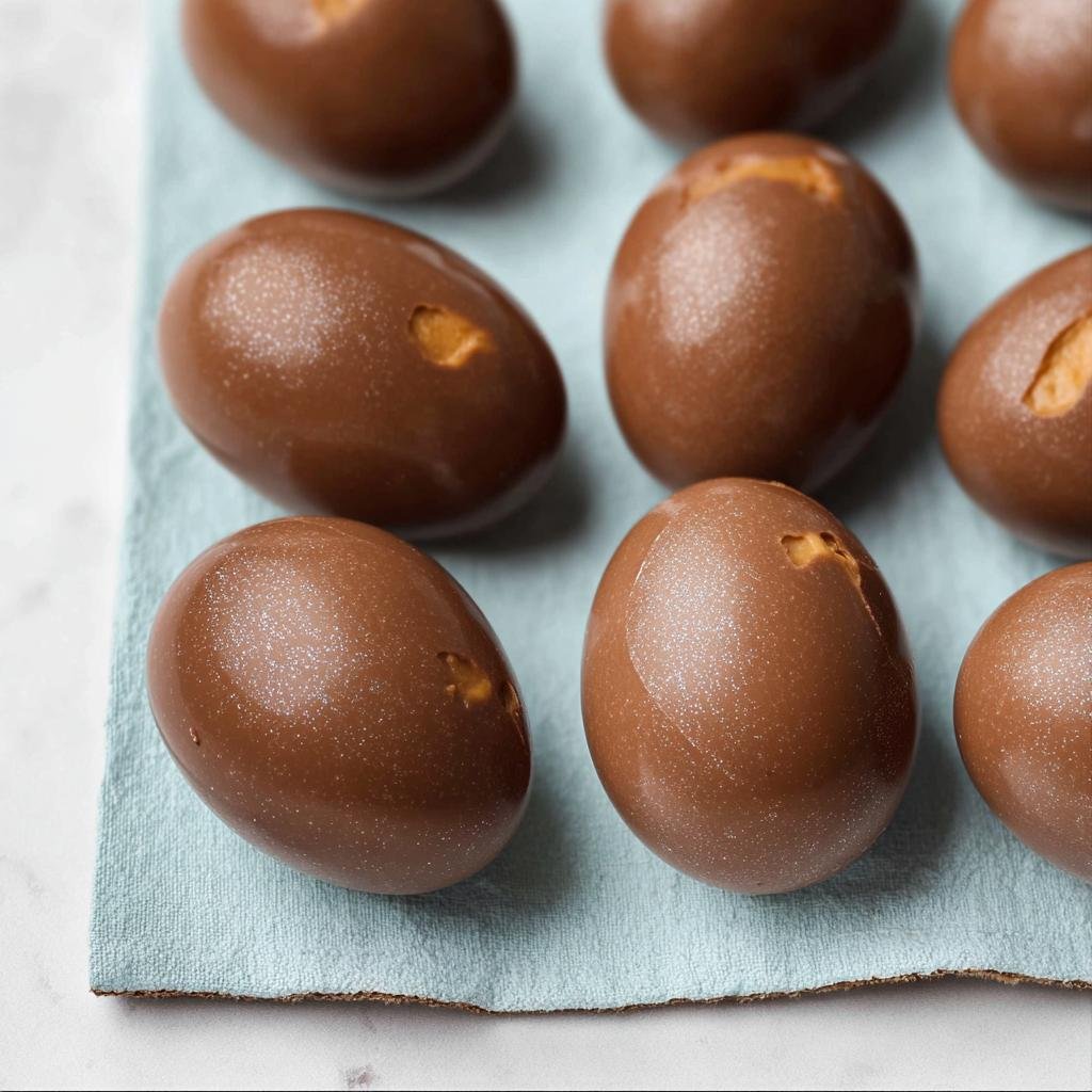 Close-up of several homemade chocolate Peanut Butter Easter Eggs arranged on a light blue cloth.