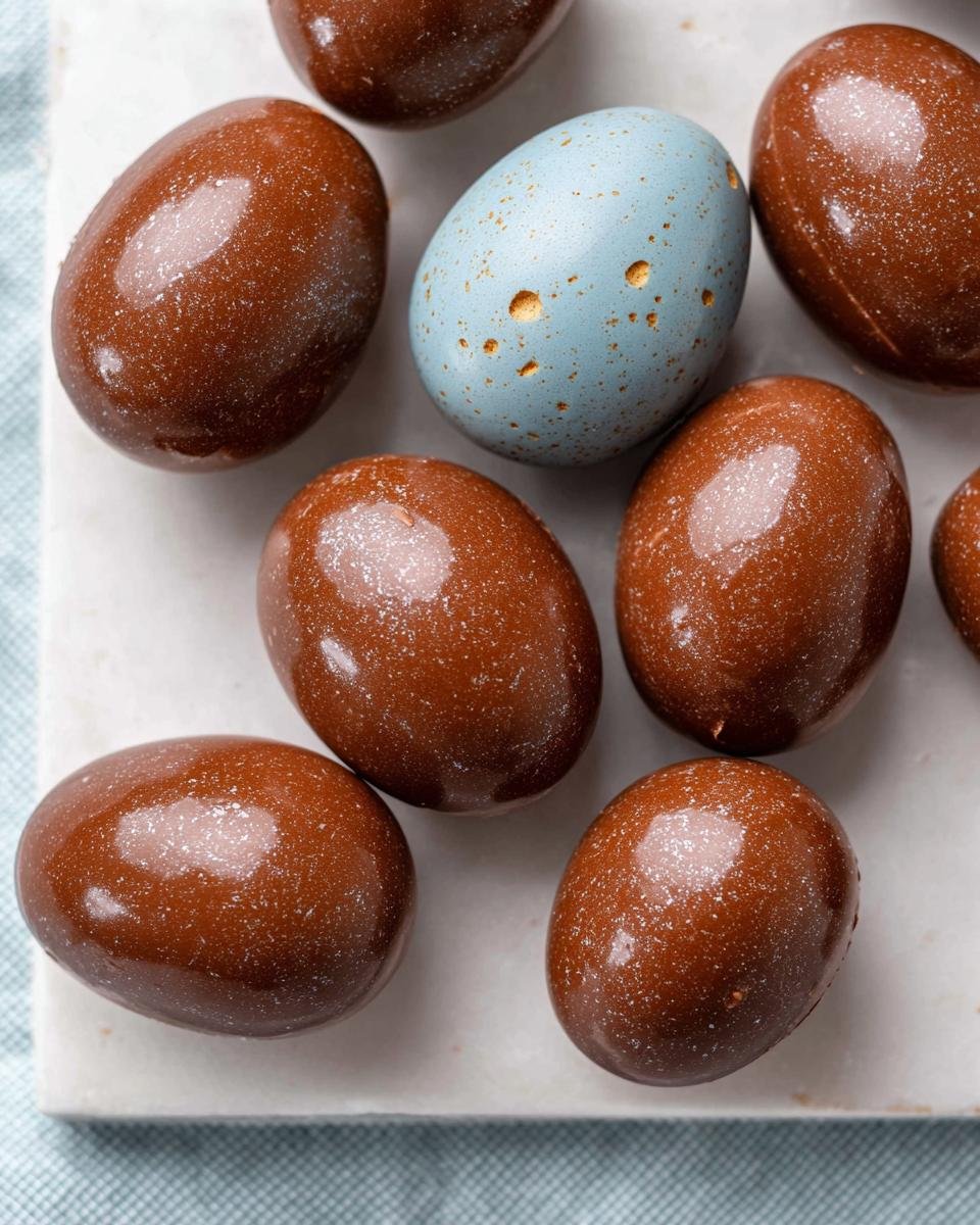 Several glossy brown peanut butter Easter eggs and one speckled blue egg arranged on a white surface.