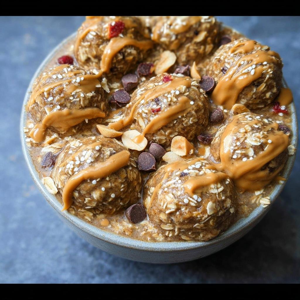 Close-up of a bowl filled with Peanut Butter Oatmeal Energy Breakfast balls, drizzled with peanut butter and topped with chocolate chips and nuts.