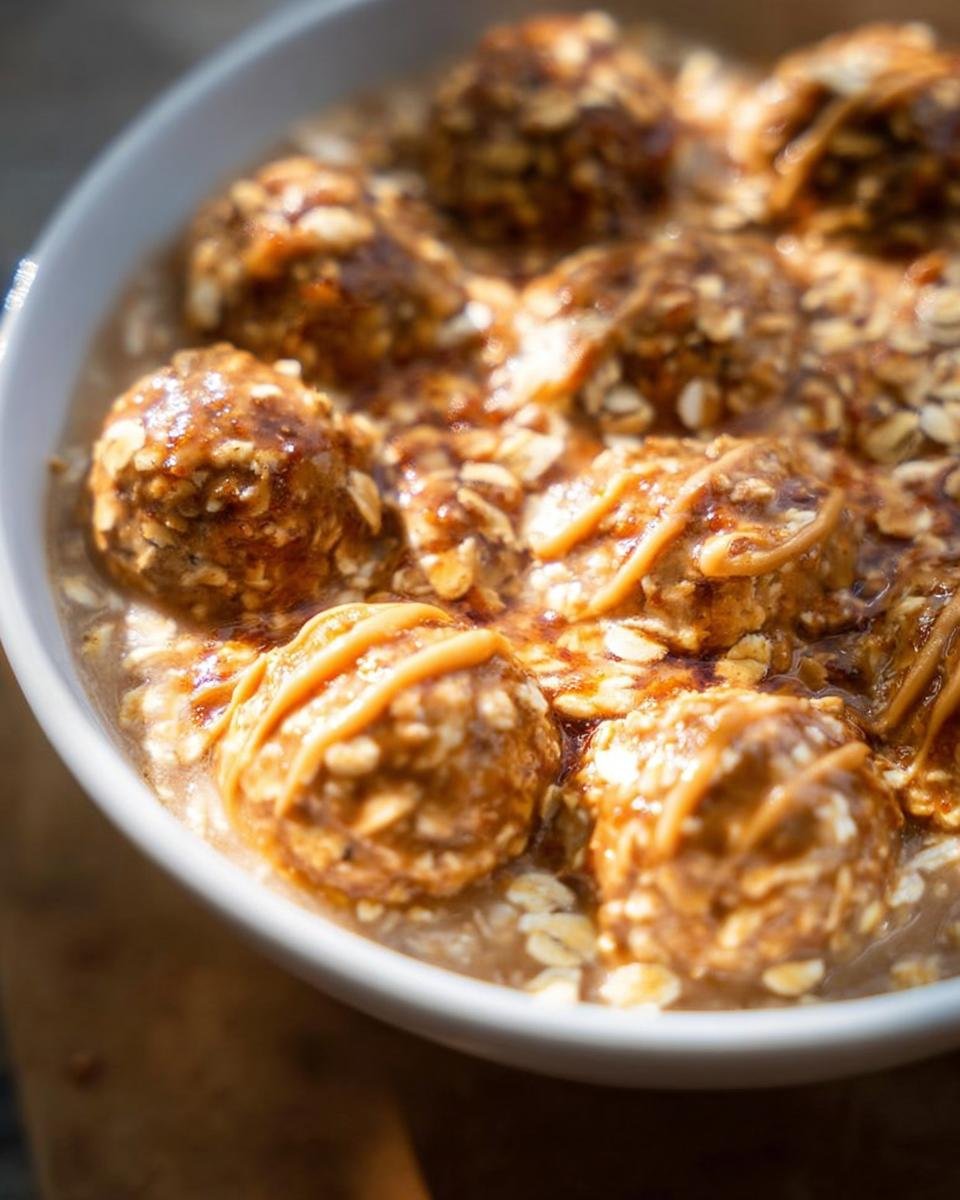Close-up of peanut butter oatmeal energy breakfast balls in a bowl with drizzled peanut butter.