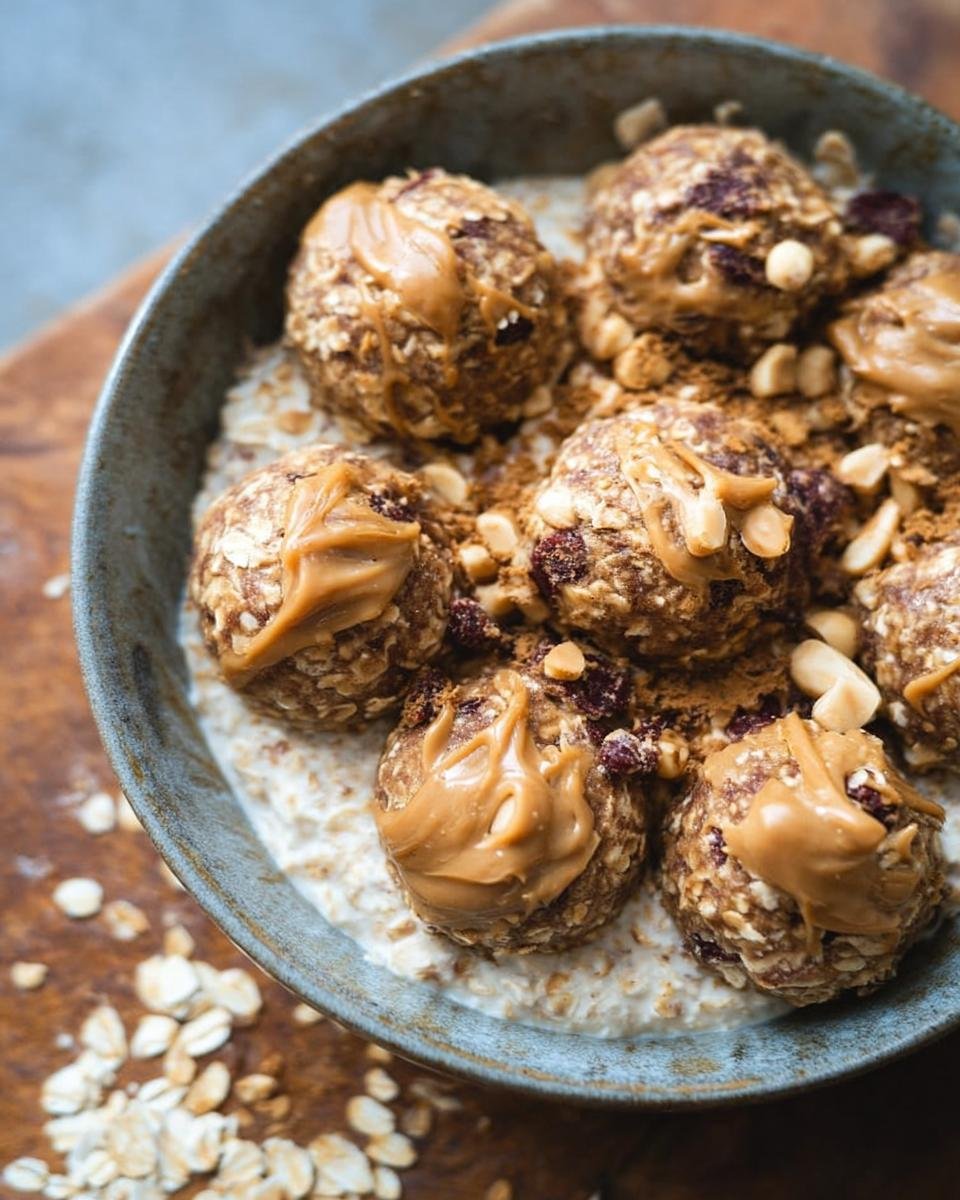 Close-up of peanut butter oatmeal energy breakfast balls drizzled with peanut butter, served over oatmeal.