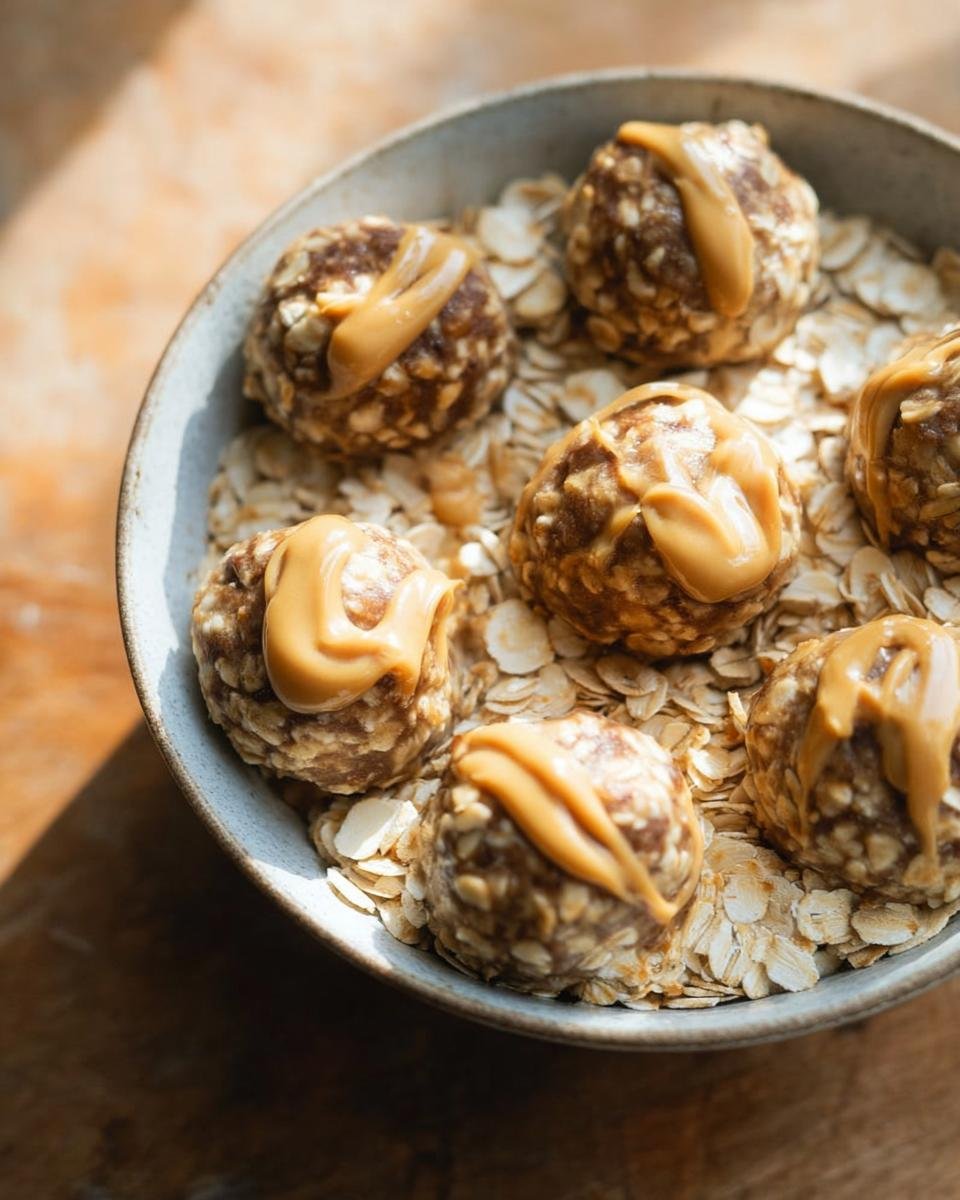 A bowl of peanut butter oatmeal energy breakfast bites drizzled with peanut butter.