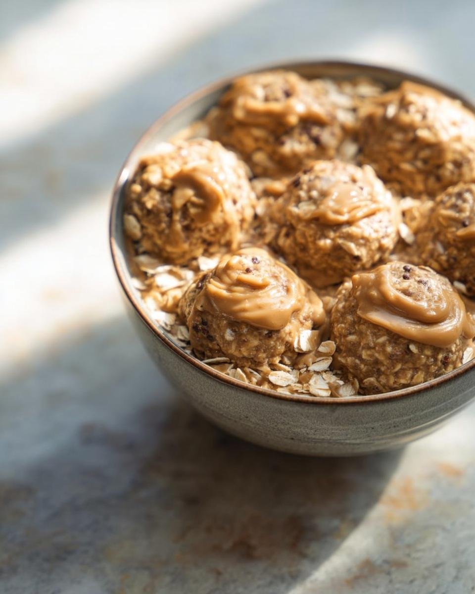 Close-up of Peanut Butter Oatmeal Energy Breakfast bites in a bowl, topped with a swirl of peanut butter.