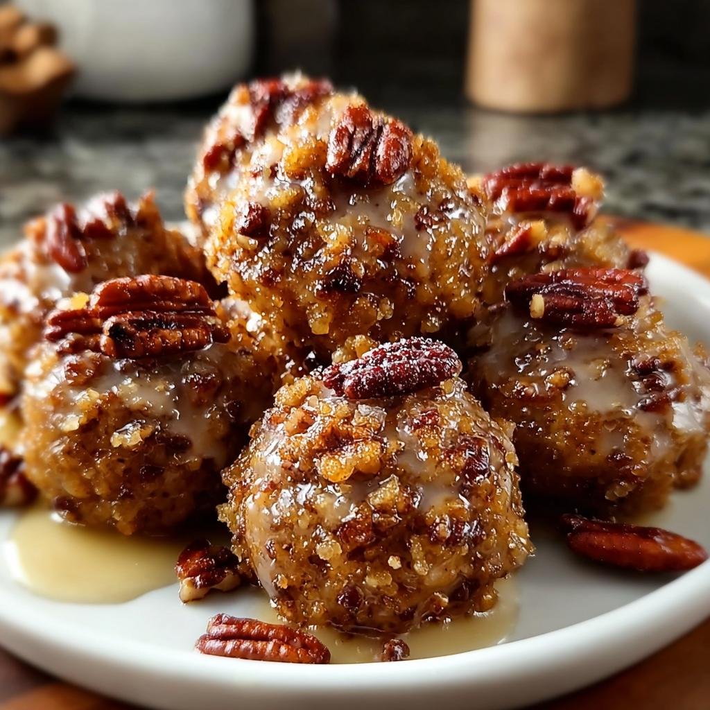 A close-up of several Pecan Crunch Glazed Bites, drizzled with glaze and topped with pecans.