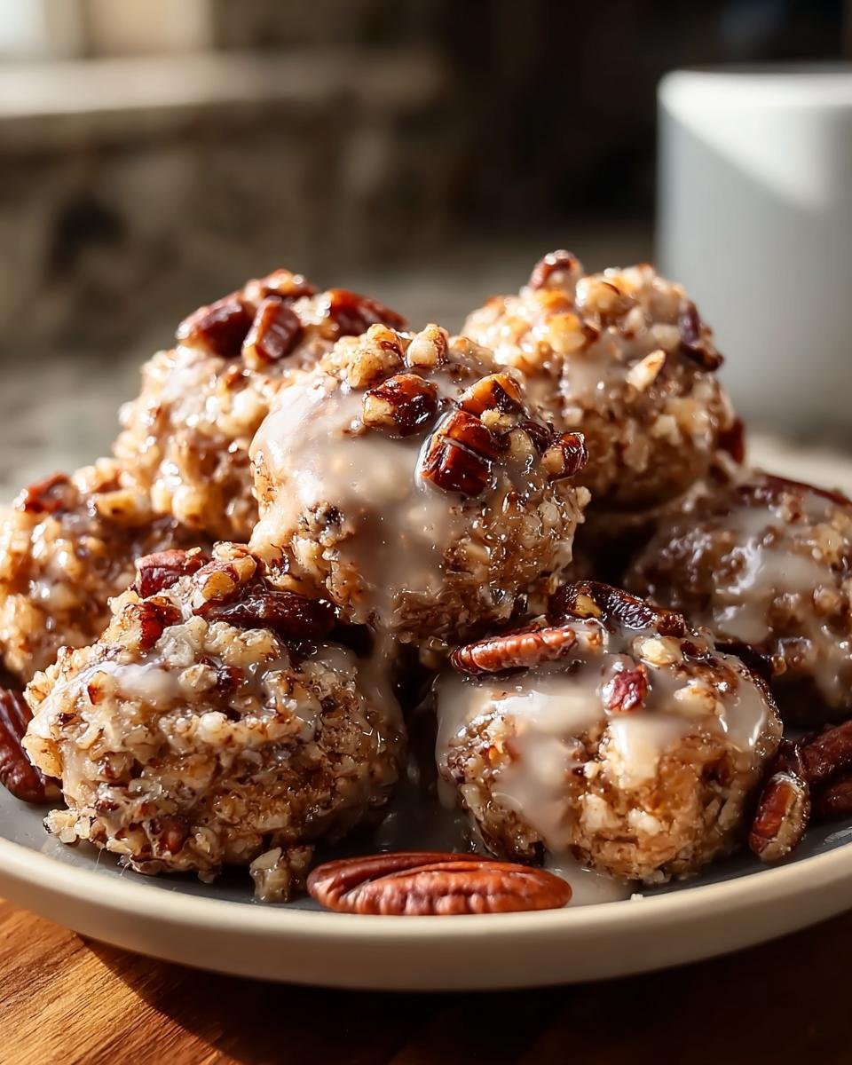 Close-up of a pile of Pecan Crunch Glazed Bites, drizzled with glaze and topped with chopped pecans.