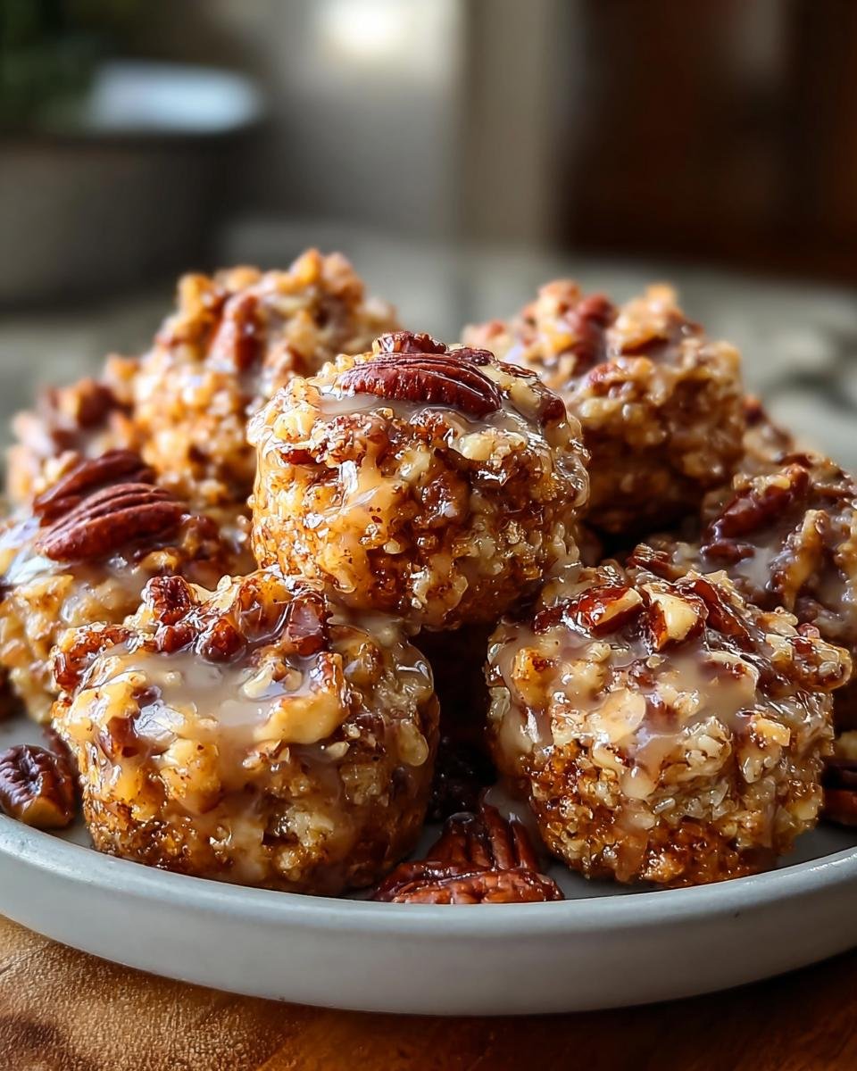 Close-up of Pecan Crunch Glazed Bites, drizzled with a shiny glaze and topped with chopped pecans.