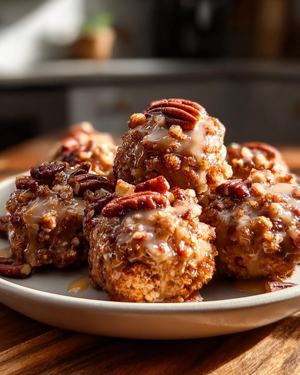 A close-up of a stack of Pecan Crunch Glazed Bites, drizzled with glaze and topped with pecans.
