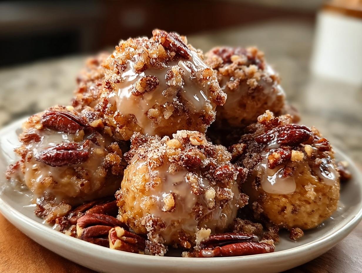 Close-up of a pile of Pecan Crunch Glazed Bites, drizzled with glaze and covered in chopped pecans.