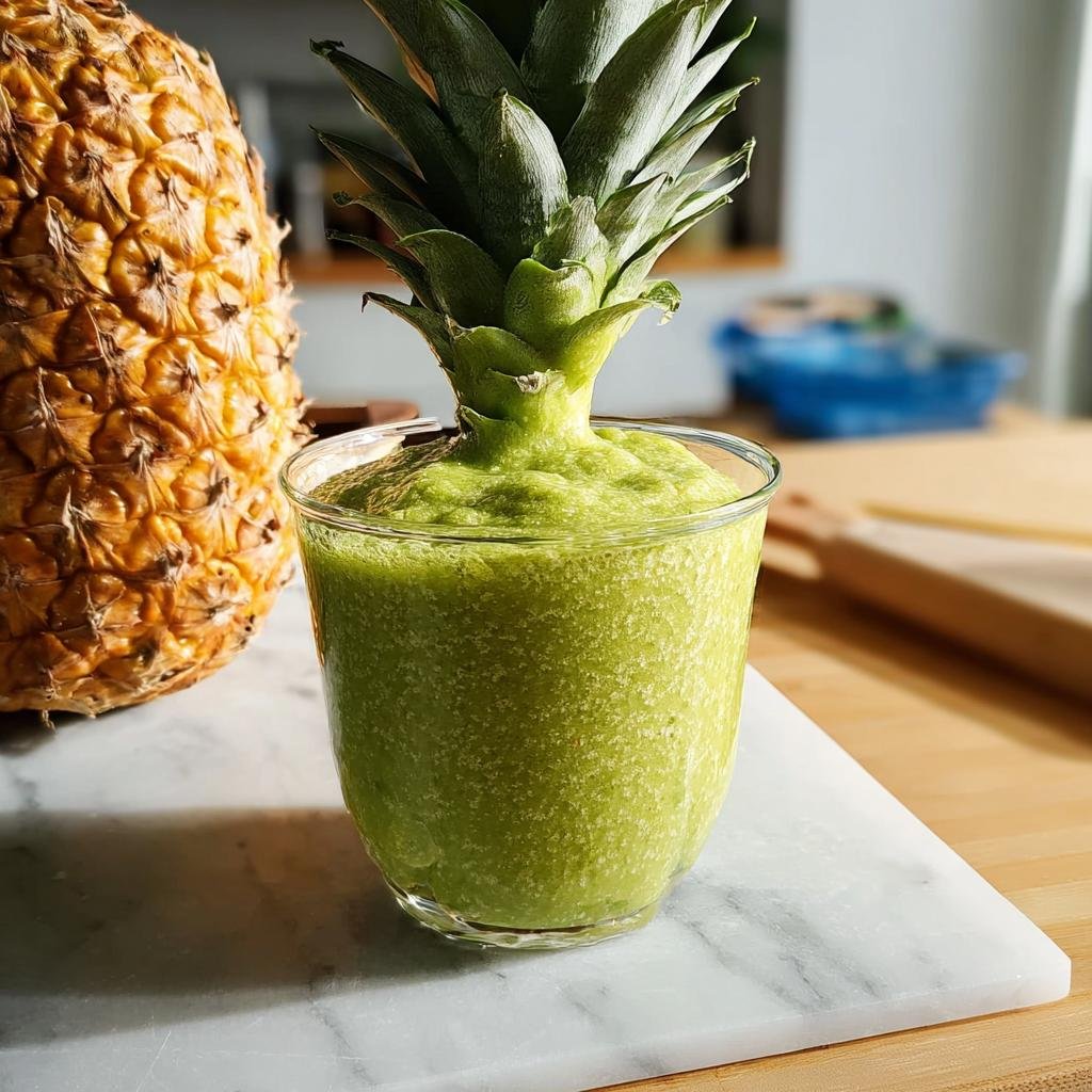 A vibrant green Pineapple Detox Smoothie in a glass, with a whole pineapple in the background.