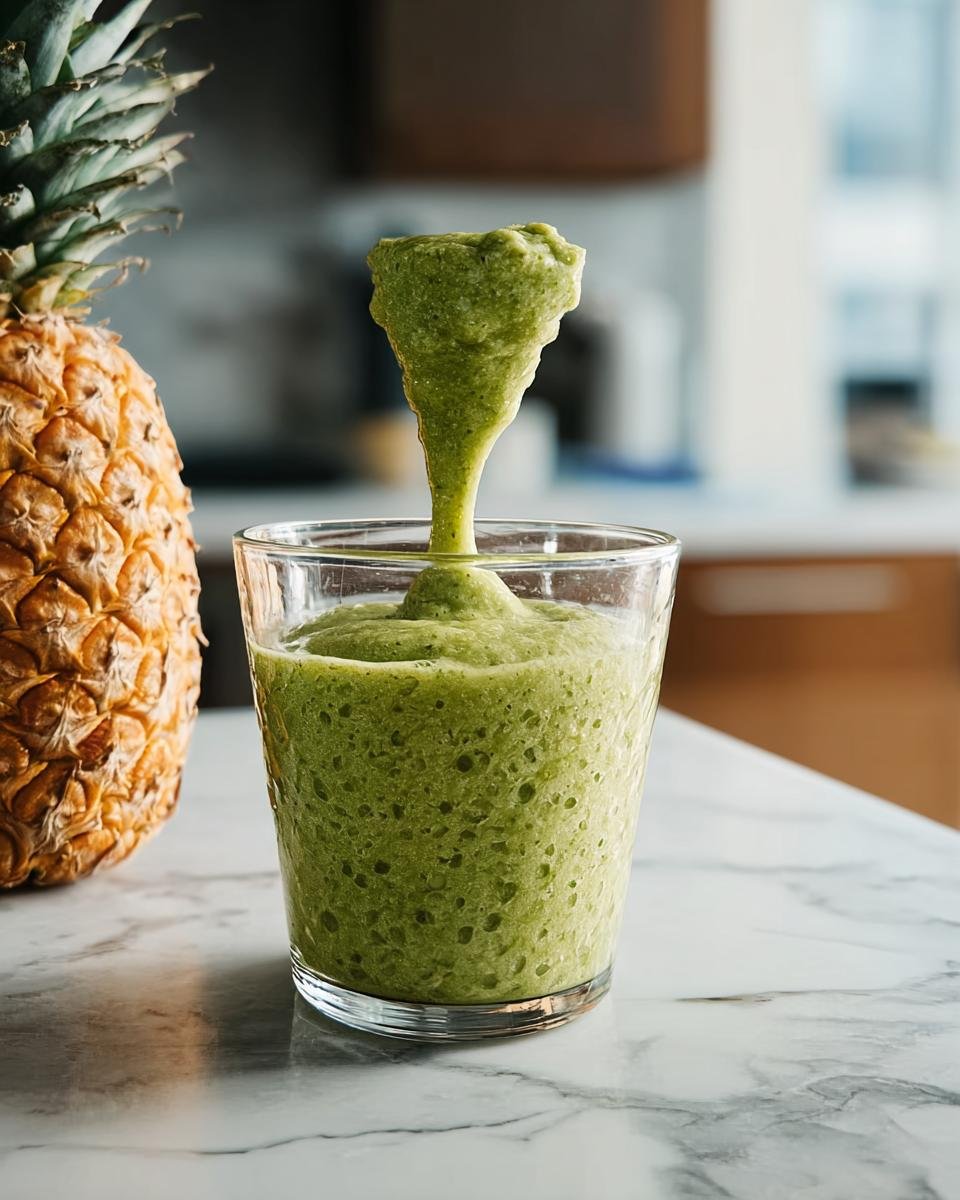A vibrant green Pineapple Detox Smoothie being poured into a glass, with a whole pineapple in the background.