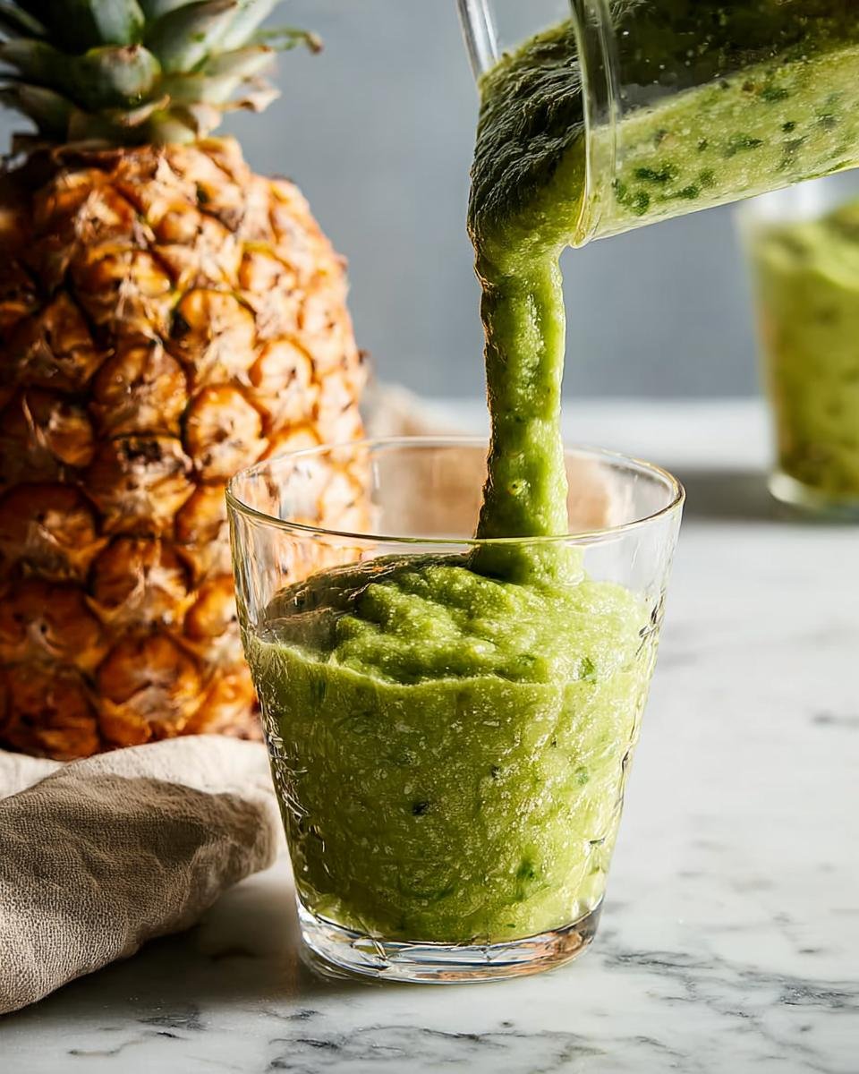Pouring a vibrant green Pineapple Detox Smoothie from a blender into a clear glass, with a whole pineapple in the background.