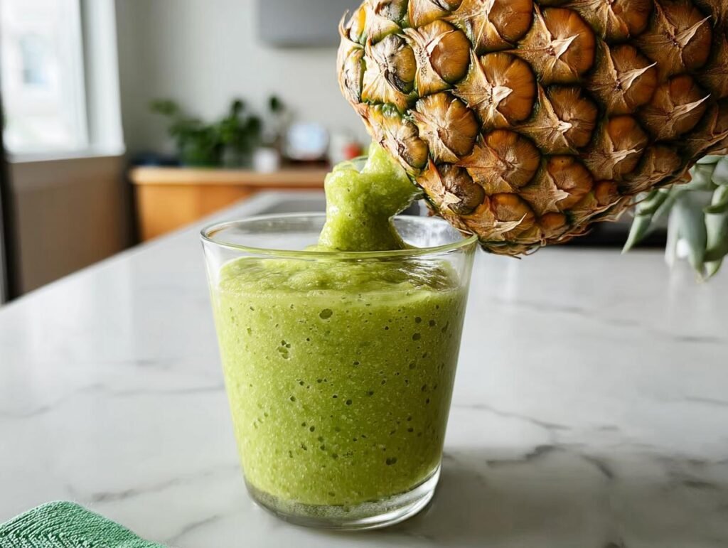 A whole pineapple is held over a glass, pouring a vibrant green Pineapple Detox Smoothie into it.
