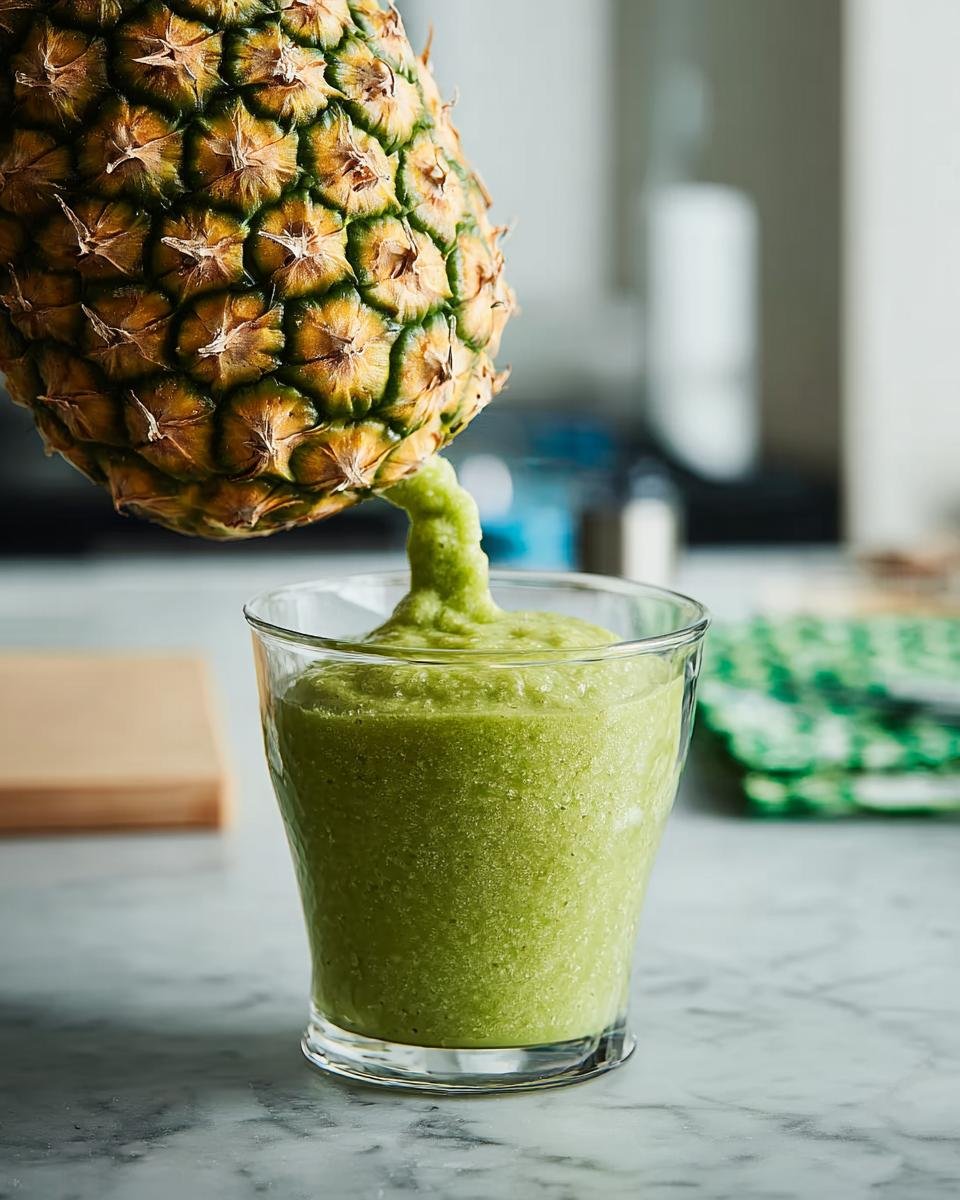 A whole pineapple is shown pouring a vibrant green Pineapple Detox Smoothie into a clear glass.