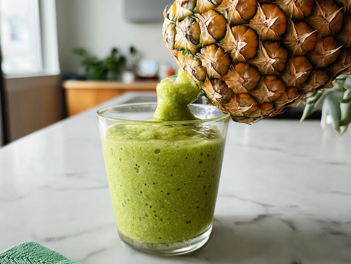 A whole pineapple is held over a glass, pouring a vibrant green Pineapple Detox Smoothie into it.