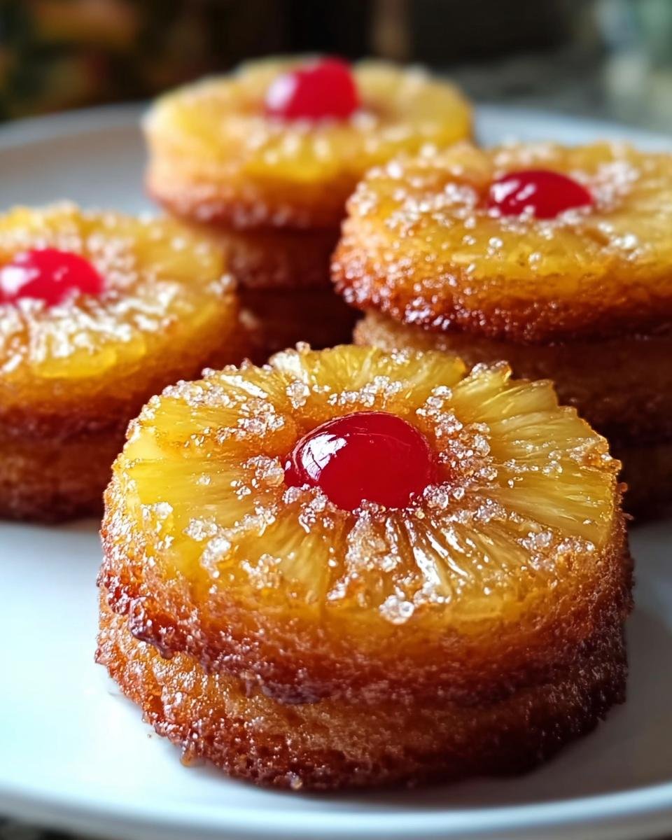 Close-up of Pineapple Upside Sugar Cookies topped with pineapple rings, sugar crystals, and a maraschino cherry.