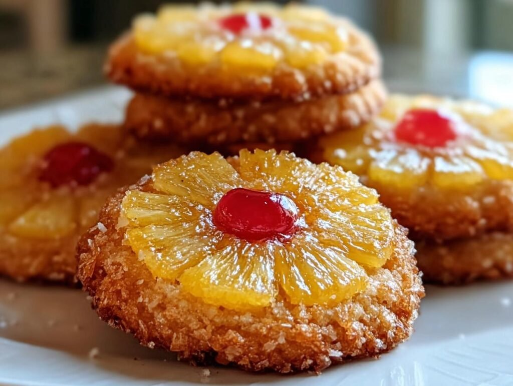 Close-up of Pineapple Upside Sugar Cookies topped with pineapple slices and a maraschino cherry.
