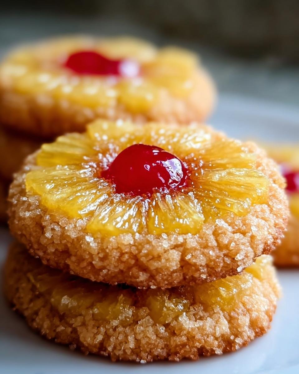 A stack of delicious Pineapple Upside Sugar Cookies, each topped with pineapple rings and a bright red cherry.