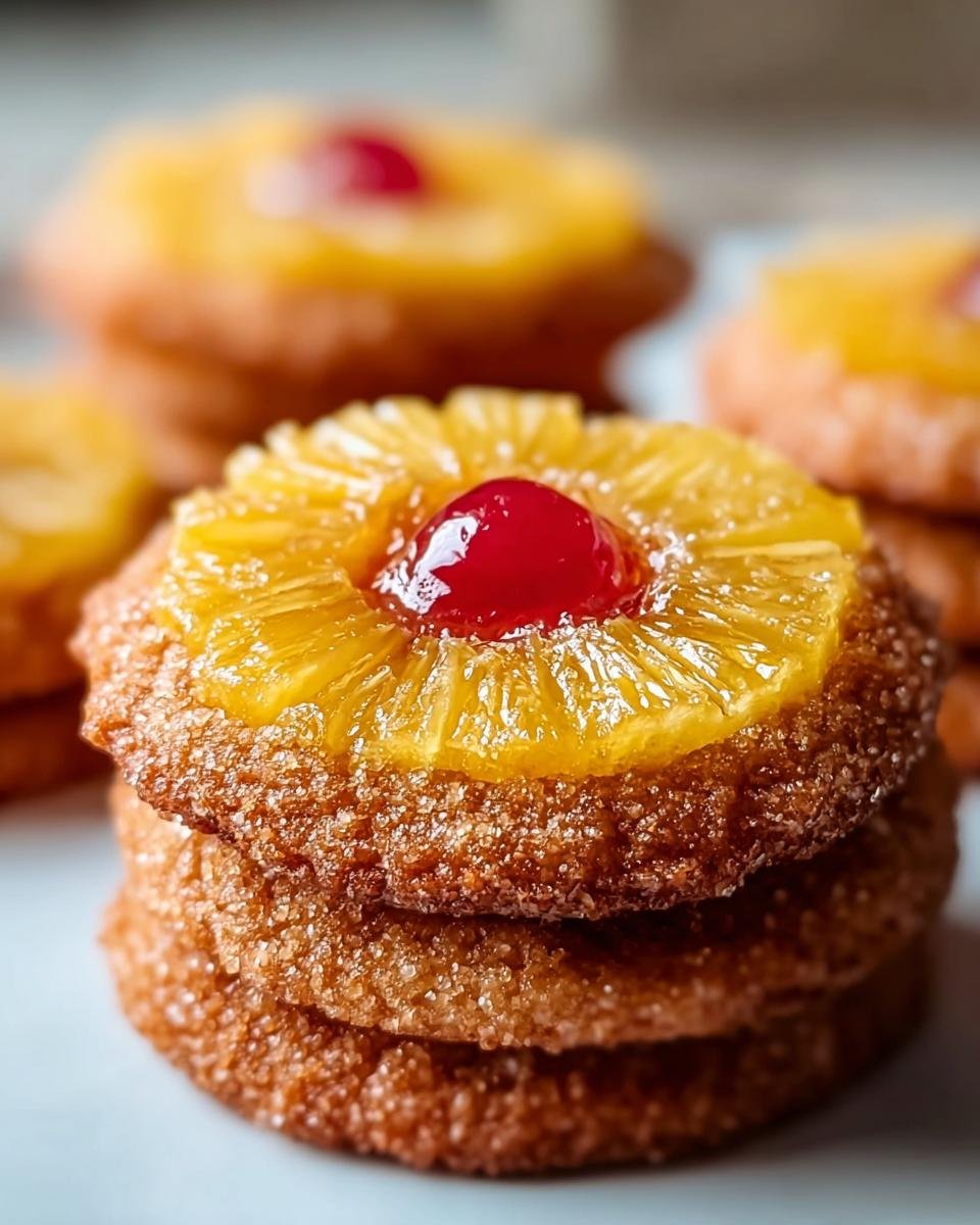 A close-up of a stack of Pineapple Upside Sugar Cookies, each topped with a pineapple ring and a maraschino cherry.