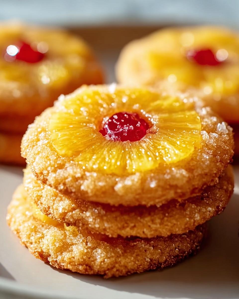 A stack of three golden Pineapple Upside Sugar Cookies, each topped with a pineapple ring and a red cherry.