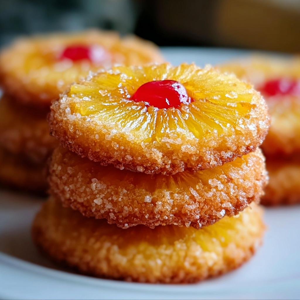 A stack of three Pineapple Upside Sugar Cookies, each topped with a pineapple ring and a maraschino cherry.