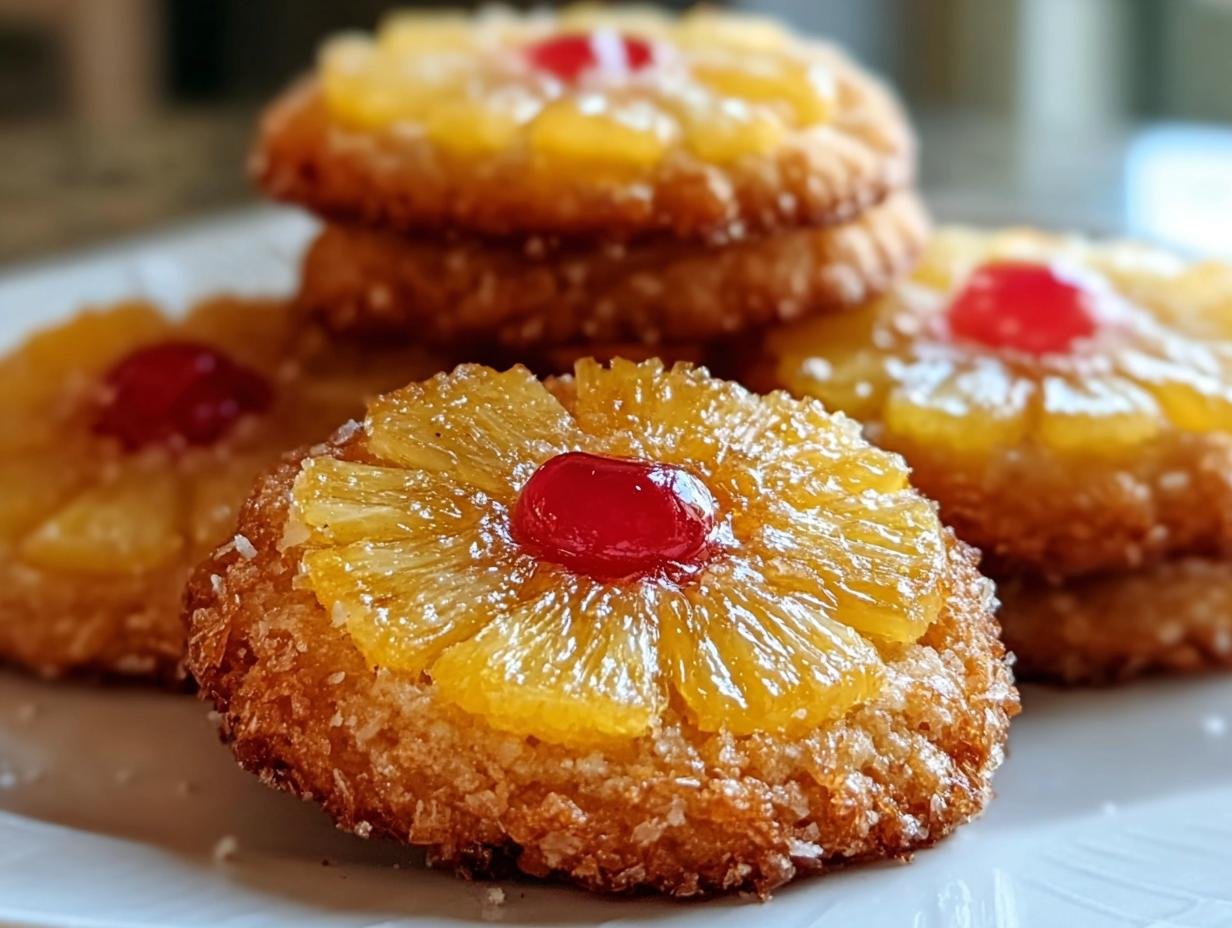 Close-up of Pineapple Upside Sugar Cookies topped with pineapple slices and a maraschino cherry.